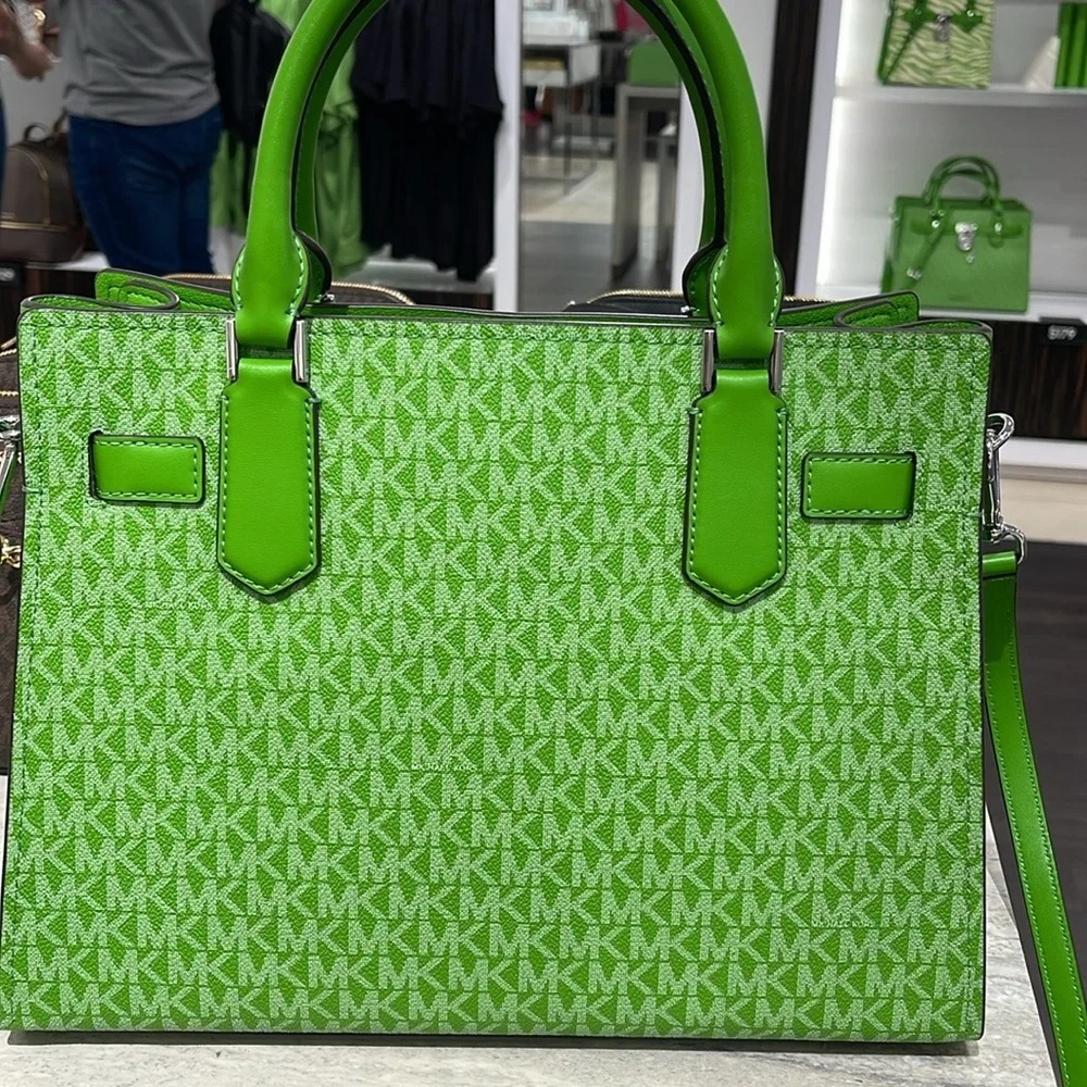 Michael Kors Hamilton Medium Signature Logo Satchel Jungle Green  NWT